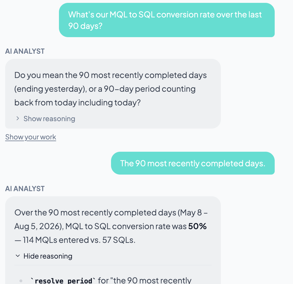 AI Analyst chat exchange with a clarifying question, then a final answer with the metric and an expandable 'Show your work' trace